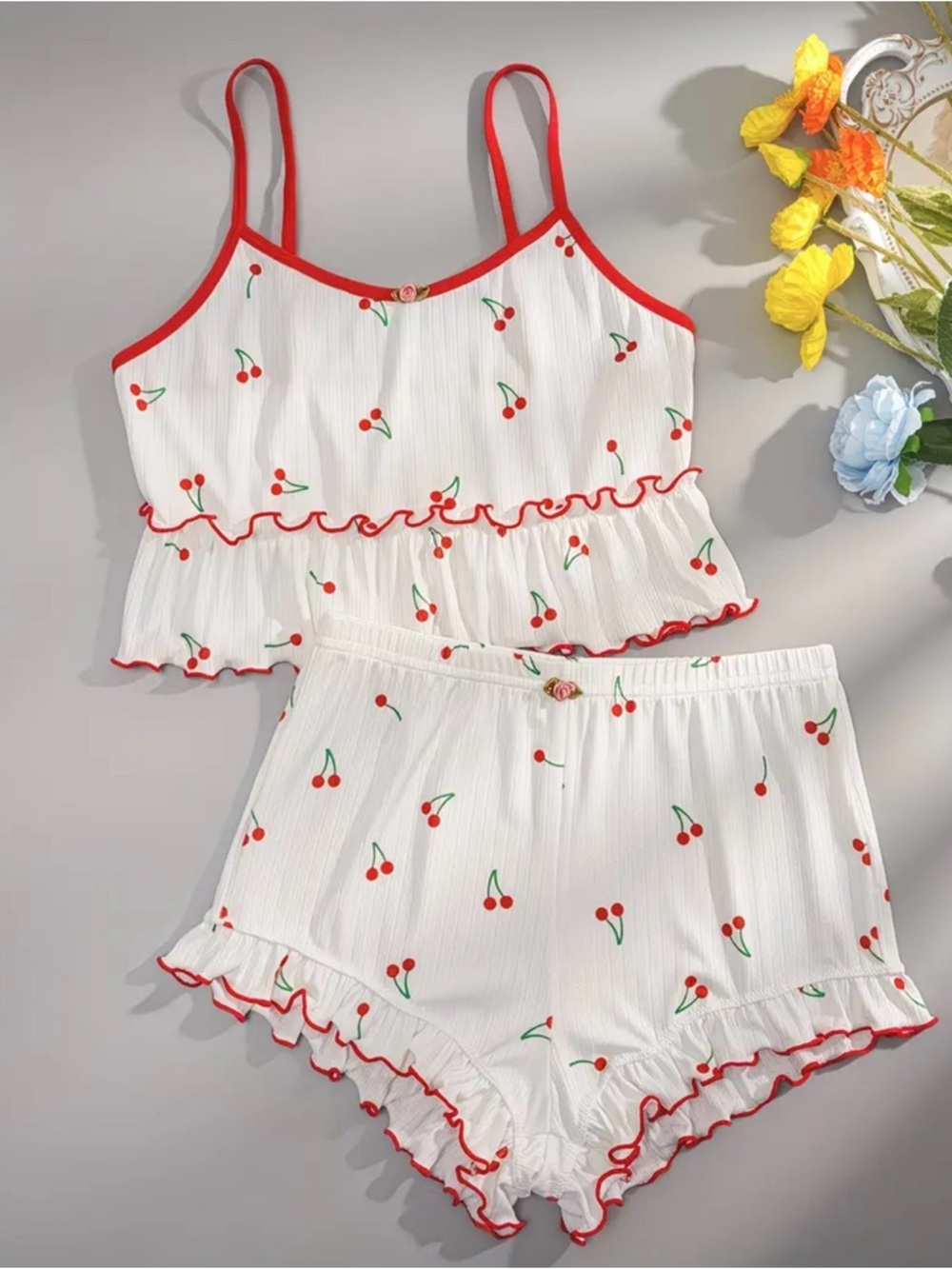 Cherry-Print Ruffle Cami & Short Pajama Set - White/Red